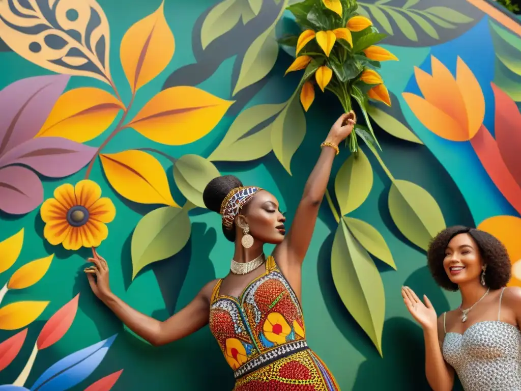 Inspirador mural africano con artistas pintando juntos, celebrando la influencia de lenguas africanas, música y arte