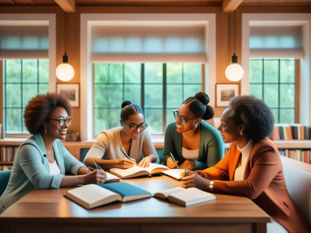 Inspiradora reunión de escritores de la diáspora africana, colaborando en un ambiente acogedor y lleno de creatividad