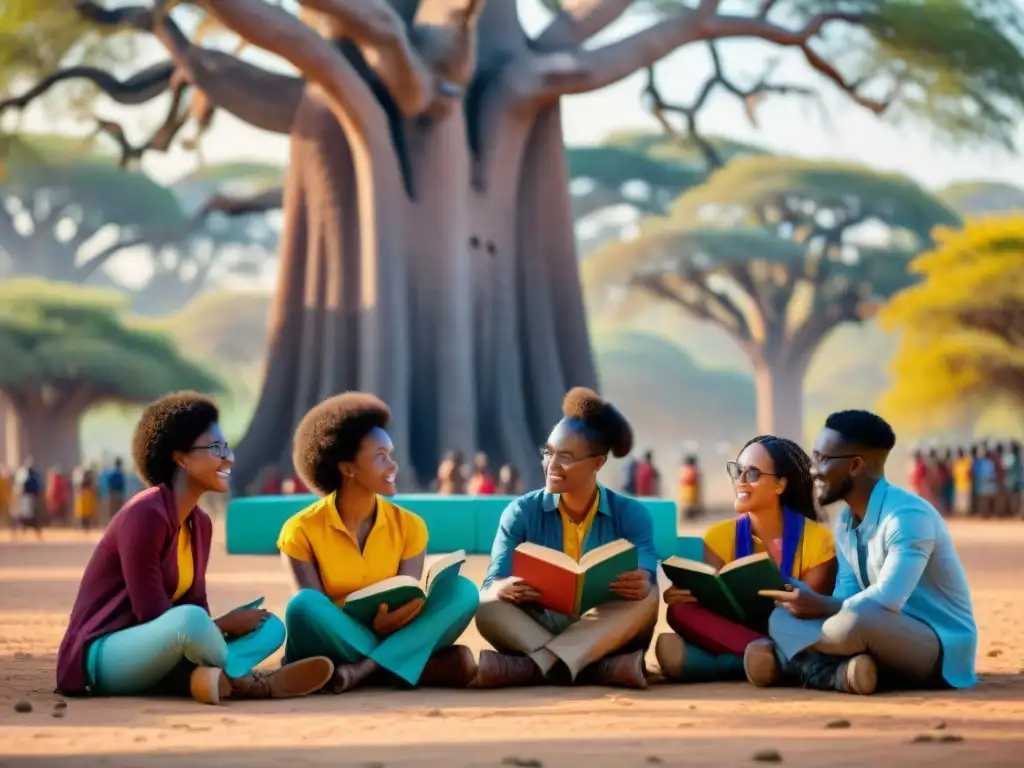 Inspiradora discusión de estudiantes africanos bajo un baobab, rodeados de libros coloridos que representan diversas culturas africanas