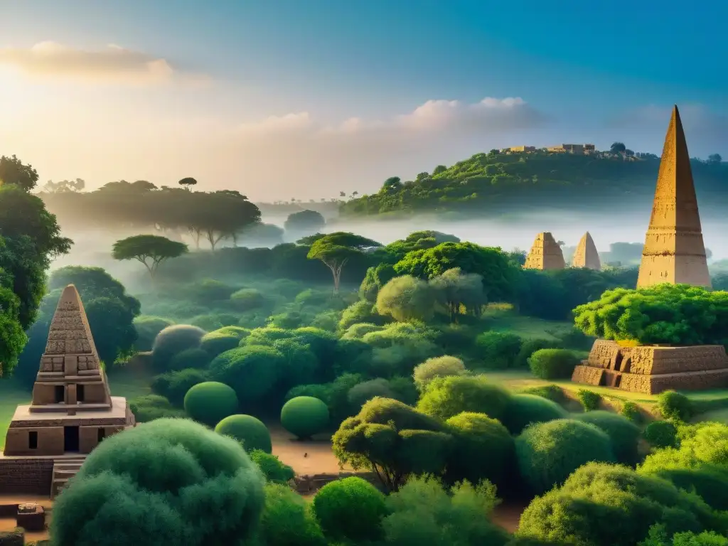 Inspiradores obeliscos tallados en piedra en Aksum, rodeados de exuberante vegetación bajo un cielo azul