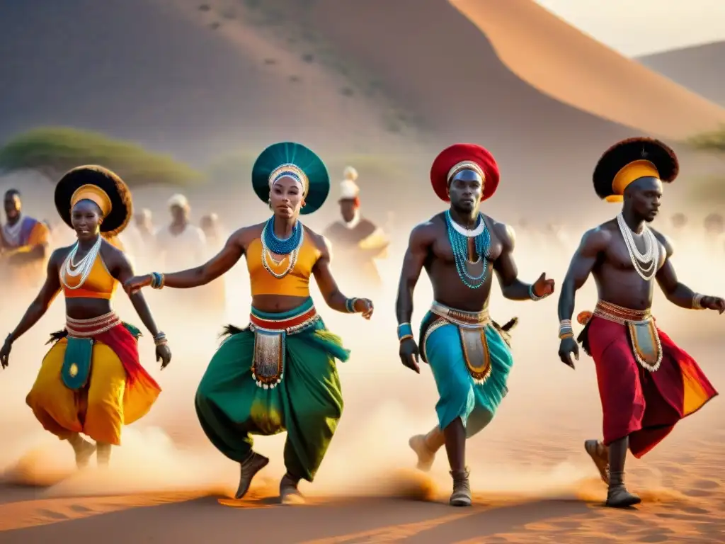 Un instante de energía vibrante con bailarines africanos en atuendos tradicionales, bajo el sol dorado