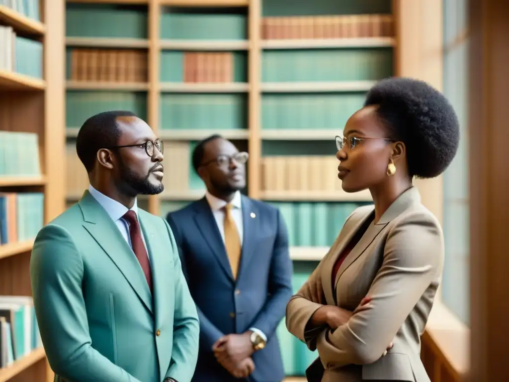 Intelectuales africanos de élite discuten en biblioteca, reflejando identidad nacional