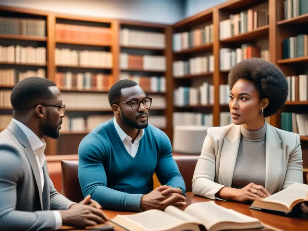 Intensa discusión entre la élite intelectual africana sobre identidad nacional, rodeados de libros y mapas