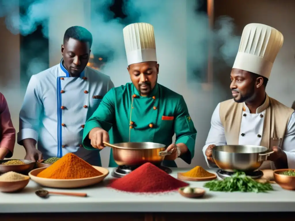 Una intensa escena culinaria global con chefs de diversas culturas intercambiando técnicas inspiradas en la gastronomía africana