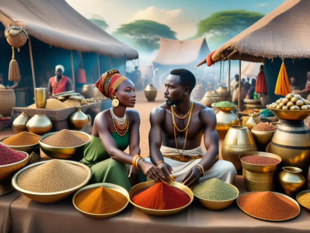 Intensa escena de mercado africano antiguo con intercambios culturales y económicos, resaltando la influencia global de civilizaciones africanas