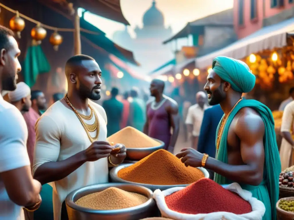 Intensa influencia de civilizaciones africanas en India: animado mercado con intercambio cultural, textiles vibrantes y especias exóticas