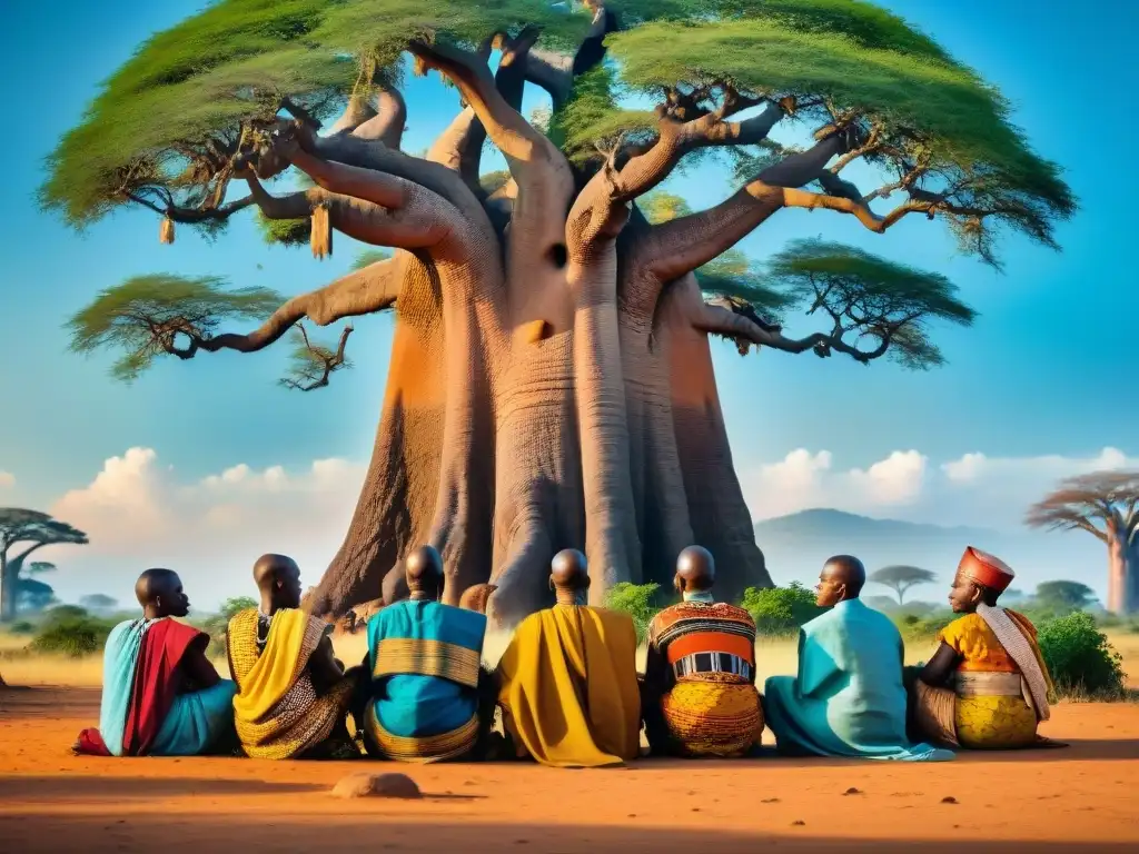 Intensas negociaciones diplomáticas entre líderes africanos bajo un baobab ancestral