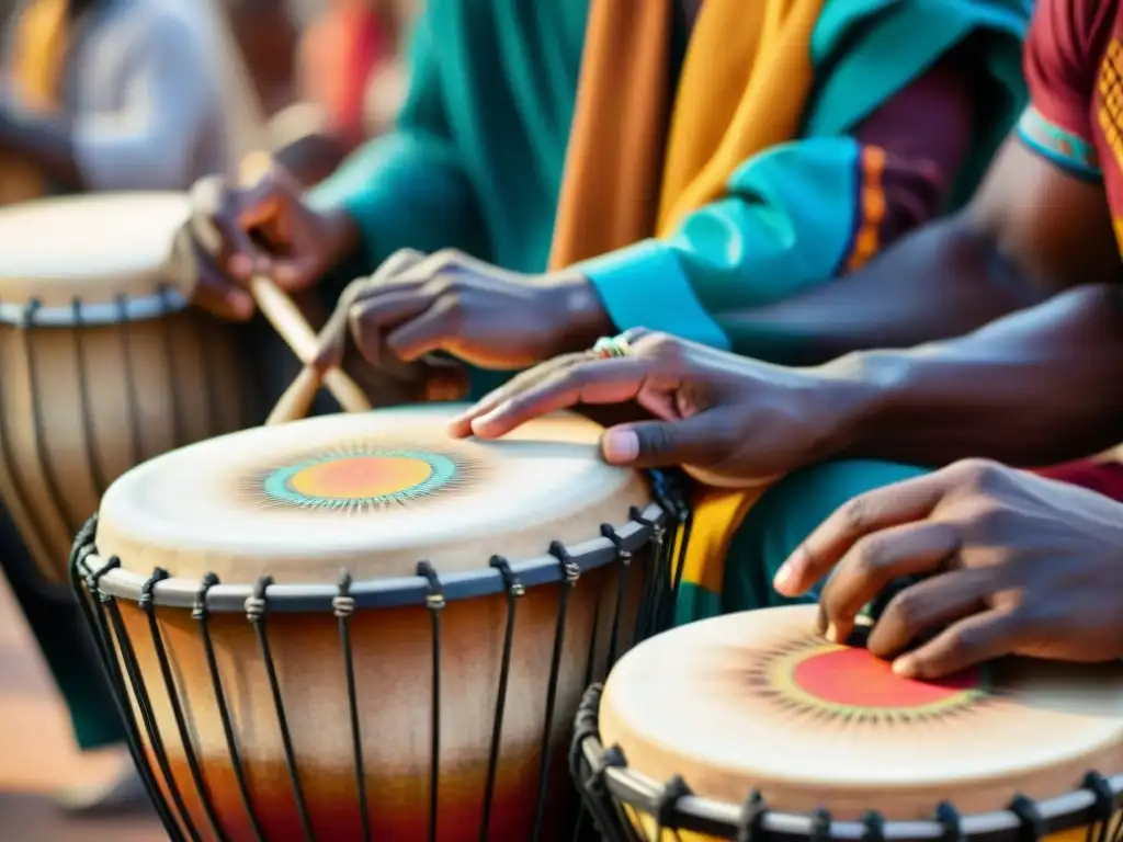 La intensidad en los ojos y el ritmo de los tambores africanos transmiten orgullo cultural y maestría musical en una escena vibrante de aldea