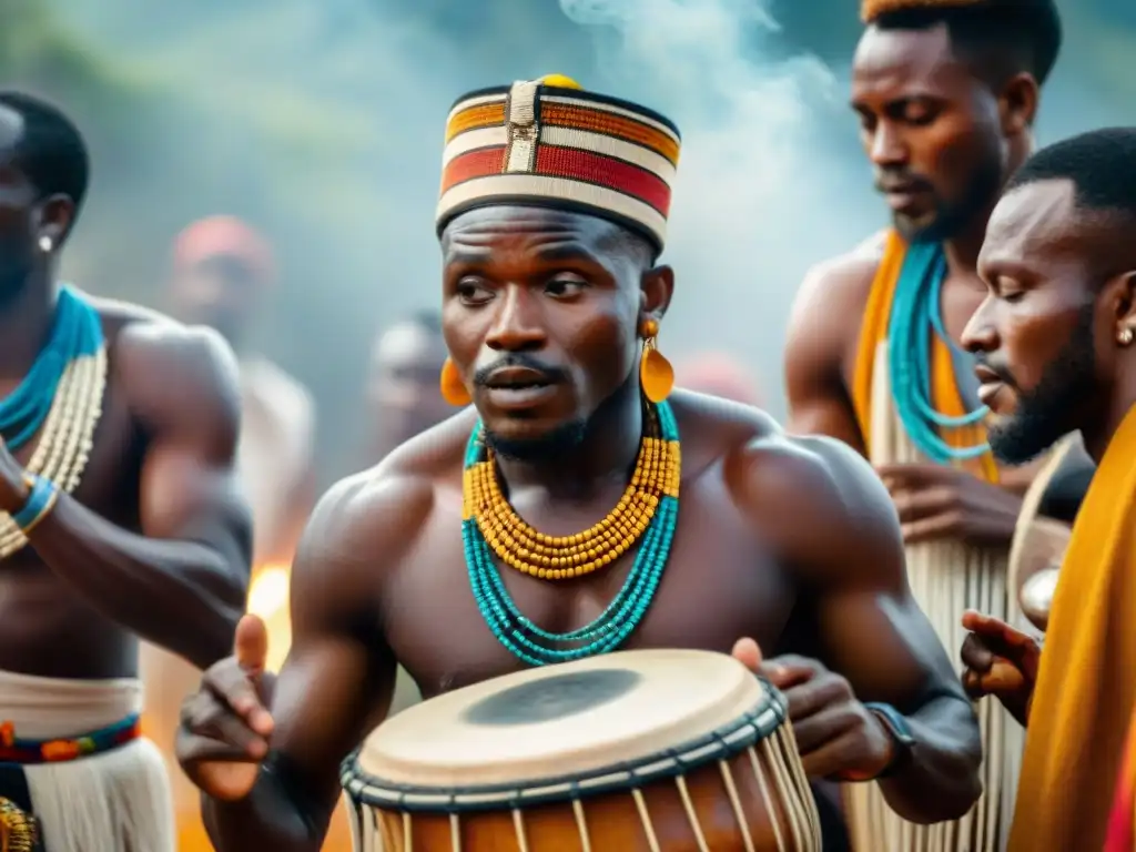 Intensidad y pasión en músicos africanos mostrando poder espiritual música danza África