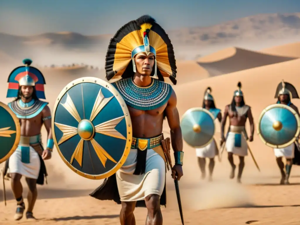 Épica batalla entre guerreros egipcios y nubios en el desierto Intenso combate entre guerreros egipcios y nubios en el desierto, destacando tácticas militares en Egipto Nubia