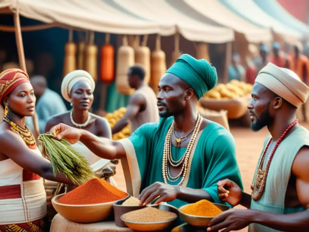 Intenso comercio entre antiguos reinos africanos en bullicioso mercado lleno de artefactos y especias