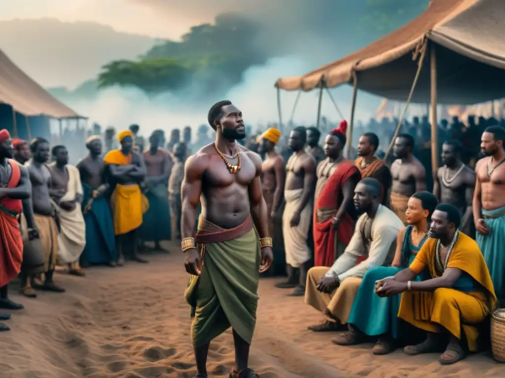 Mercado de esclavos en África: escena detallada y conmovedora Intenso comercio de esclavos en África: pintura detallada muestra escena desgarradora de mercado precolonial