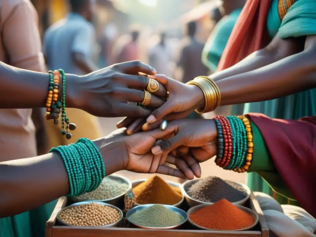 Intenso intercambio de bienes en ruta comercial africana, resalta vida cotidiana y diversidad de mercaderes