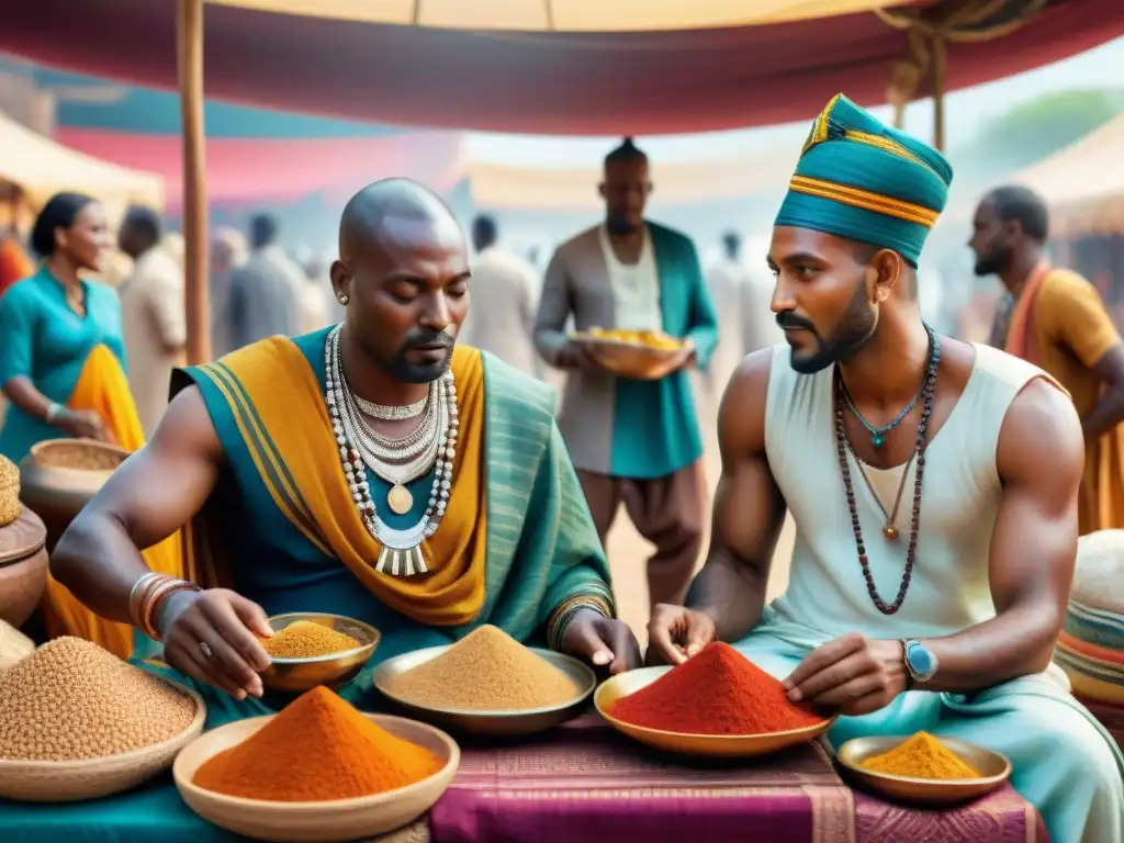 Intenso intercambio cultural entre comerciantes africanos e hindúes en bullicioso mercado, fusionando bienes, ideas y tradiciones