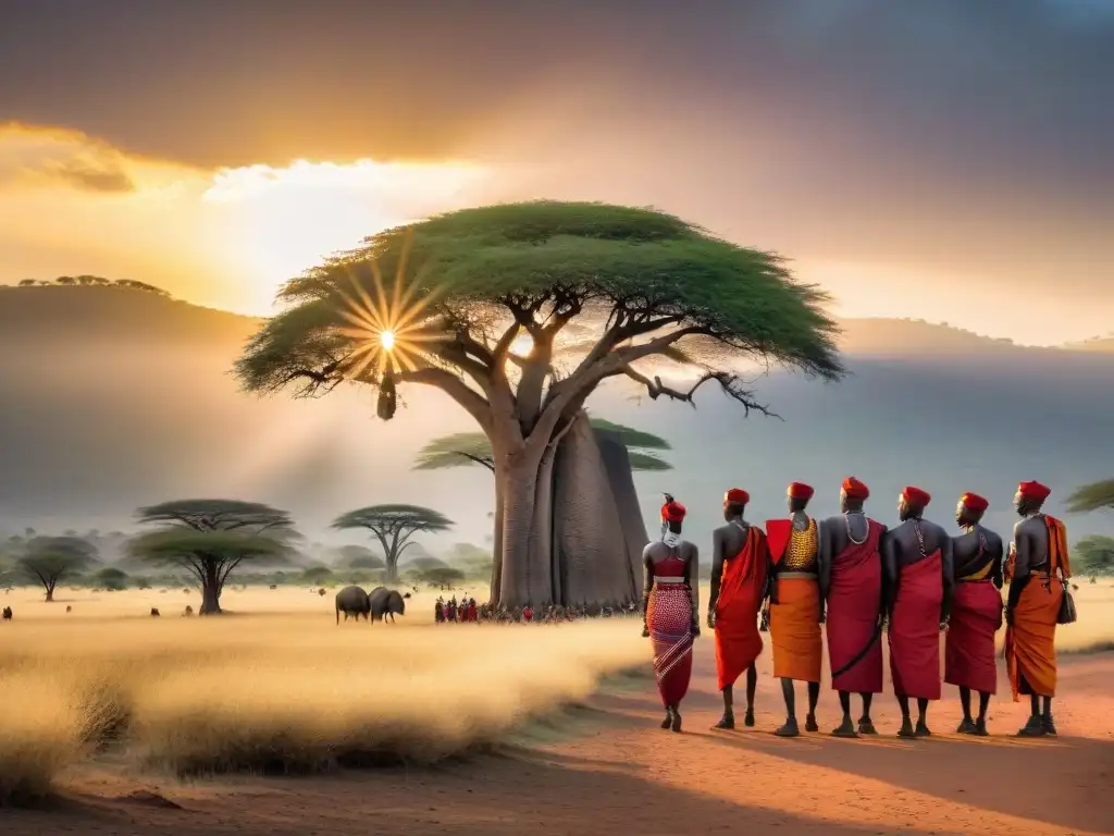 Intenso intercambio cultural entre viajeros y Maasai bajo árbol baobab en la sabana africana, reflejo de las mejores apps inmersión cultural África