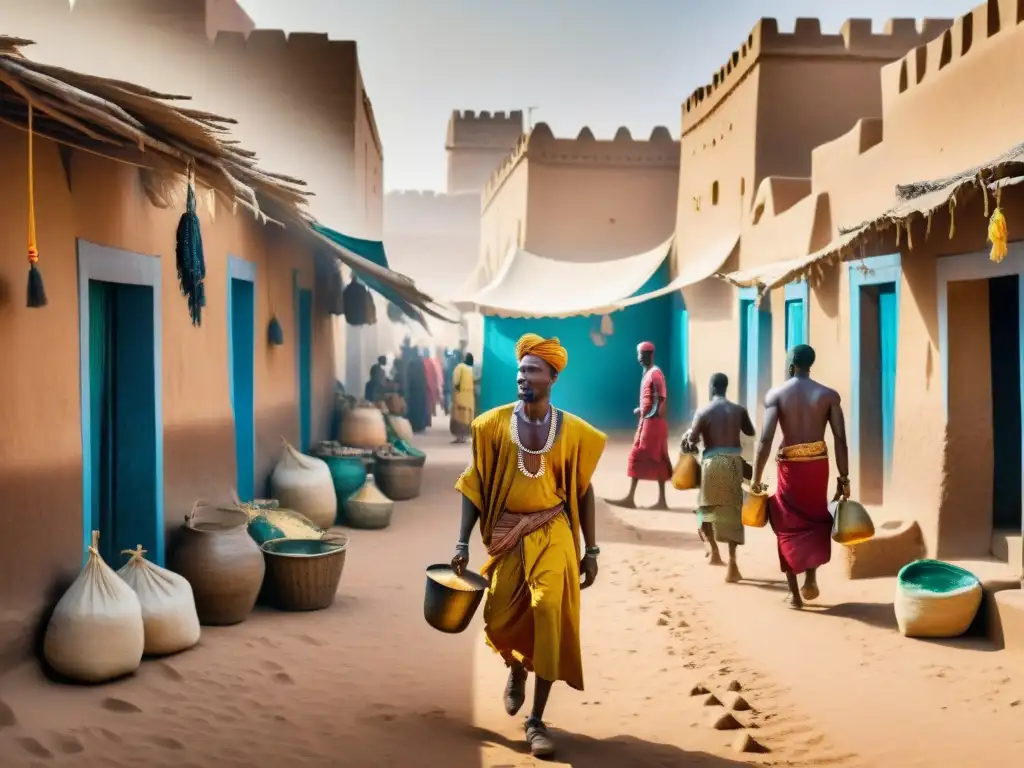 Intenso mercado antiguo de Timbuktu en el Imperio Mali y Ghana: economía, colores vibrantes y comercio bajo el sol del Sáhara