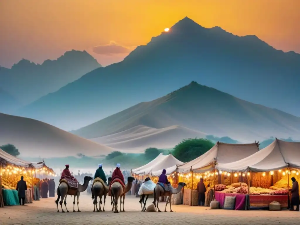 Intenso mercado en la Ruta de la Seda, intercambio cultural y caminos montañosos al atardecer, influencia global