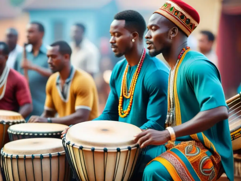 Intenso ritmo de tambores africanos en plaza vibrante, capturando el significado mensajes tambores africanos