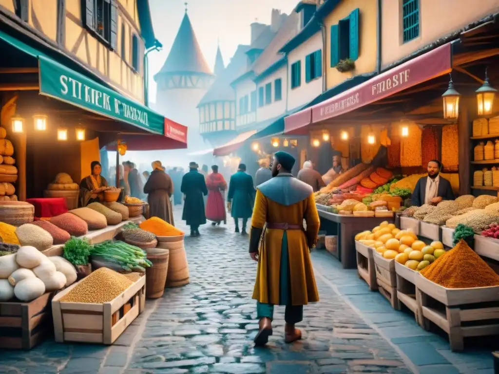 Intercambio colombino de ingredientes para dieta europea en bullicioso mercado medieval