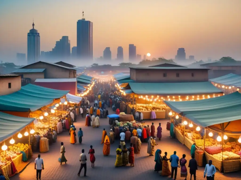 Intercambio cultural en ciudades africanas: Mercado bullicioso con diversidad de personas, artesanías y arquitectura