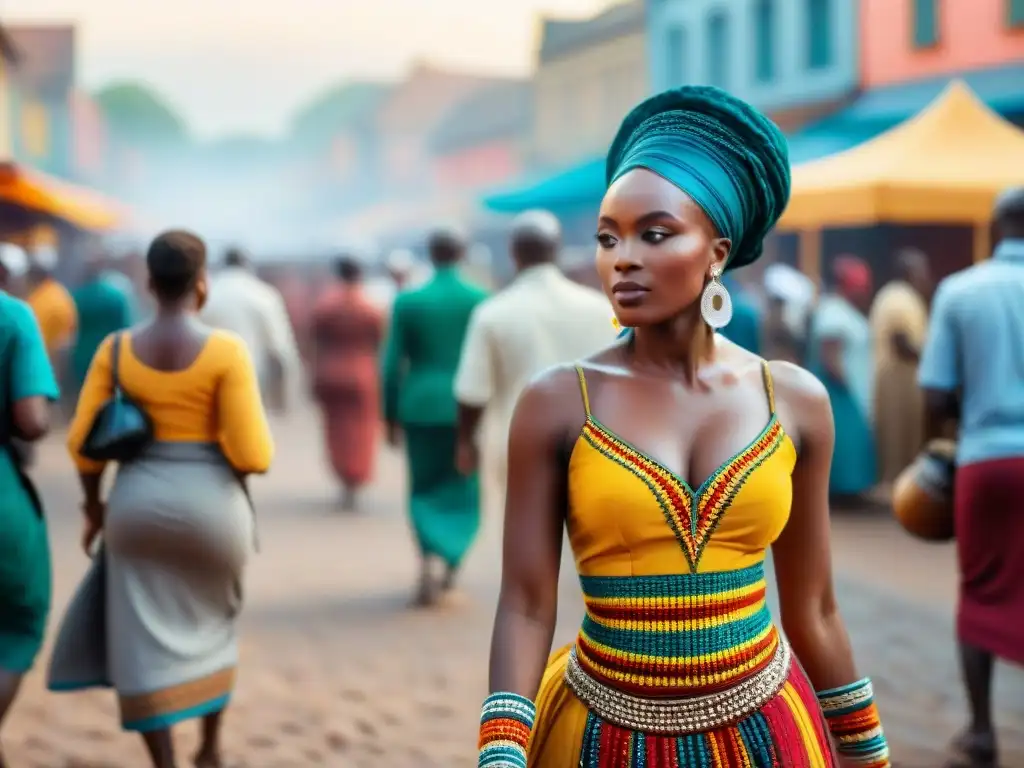 Intercambio cultural en ciudades africanas: mercado animado con bailes, colores y conversaciones vibrantes