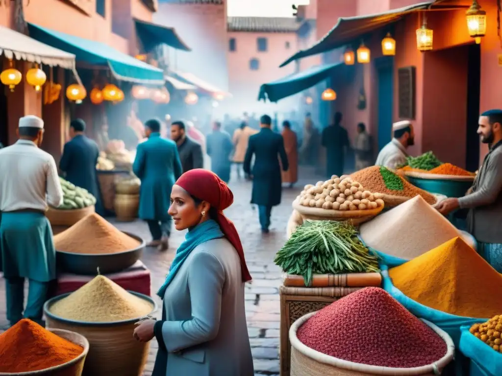 Intercambio cultural en ciudades africanas: Mercado bullicioso en Marrakech con colores vibrantes y productos tradicionales