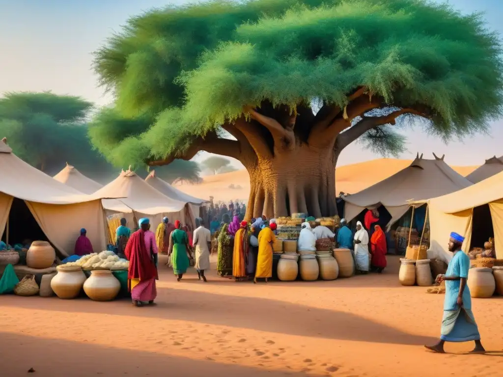 Intercambios culturales en mercado vibrante del Sahel con comerciantes de Europa y Asia