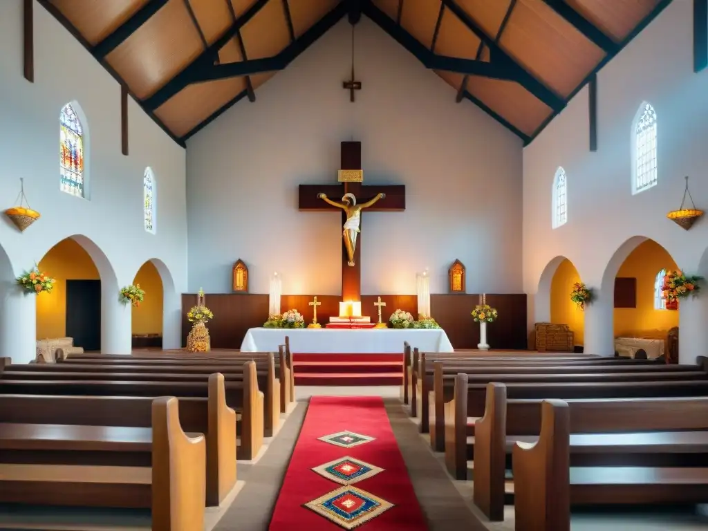 Interior vibrante de iglesia africana, fusionando símbolos tradicionales africanos con iconografía cristiana