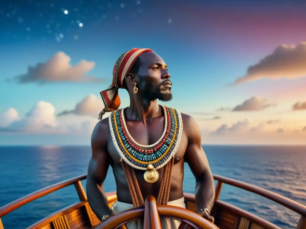 Navigator africano en barco tallado, surcando mares estrellados Un intrépido navegante africano guiando su barco tallado, reflejando la exploración civilizaciones africanas influencia global