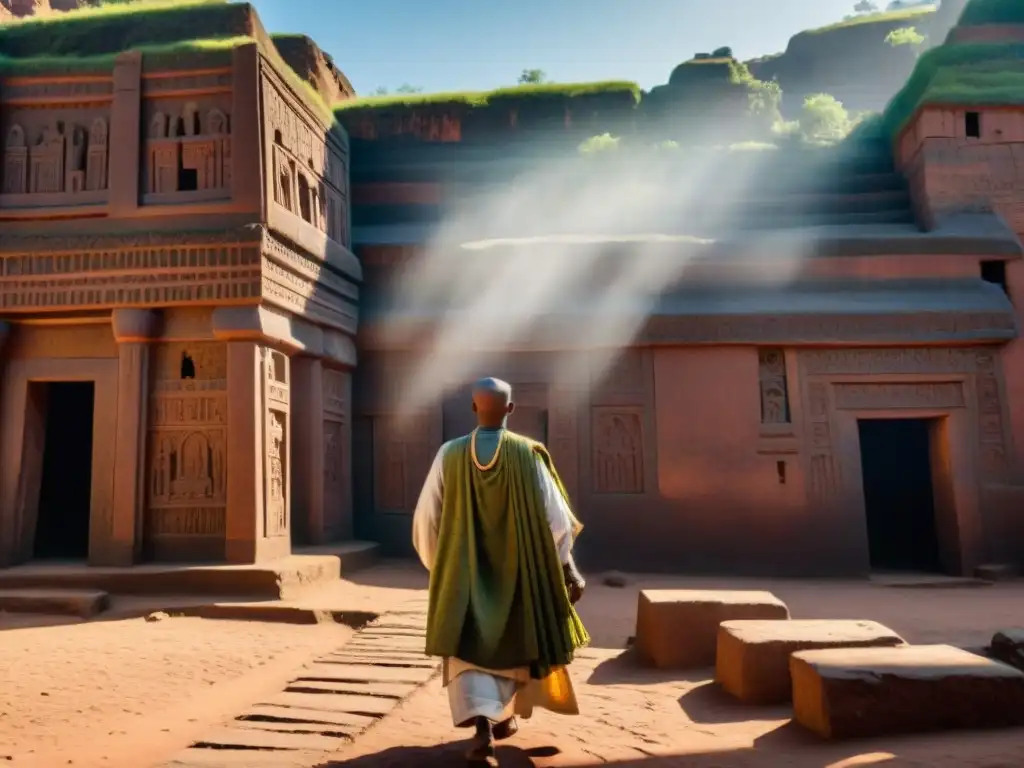 Intrincada arquitectura de Lalibela en Etiopía con fieles locales y luz solar