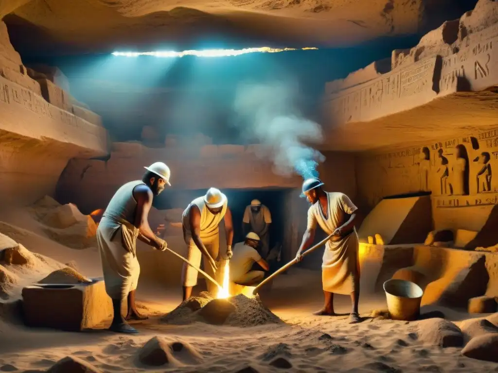 Intrincada escena de mineros en una mina de oro del antiguo Egipto, iluminada por antorchas