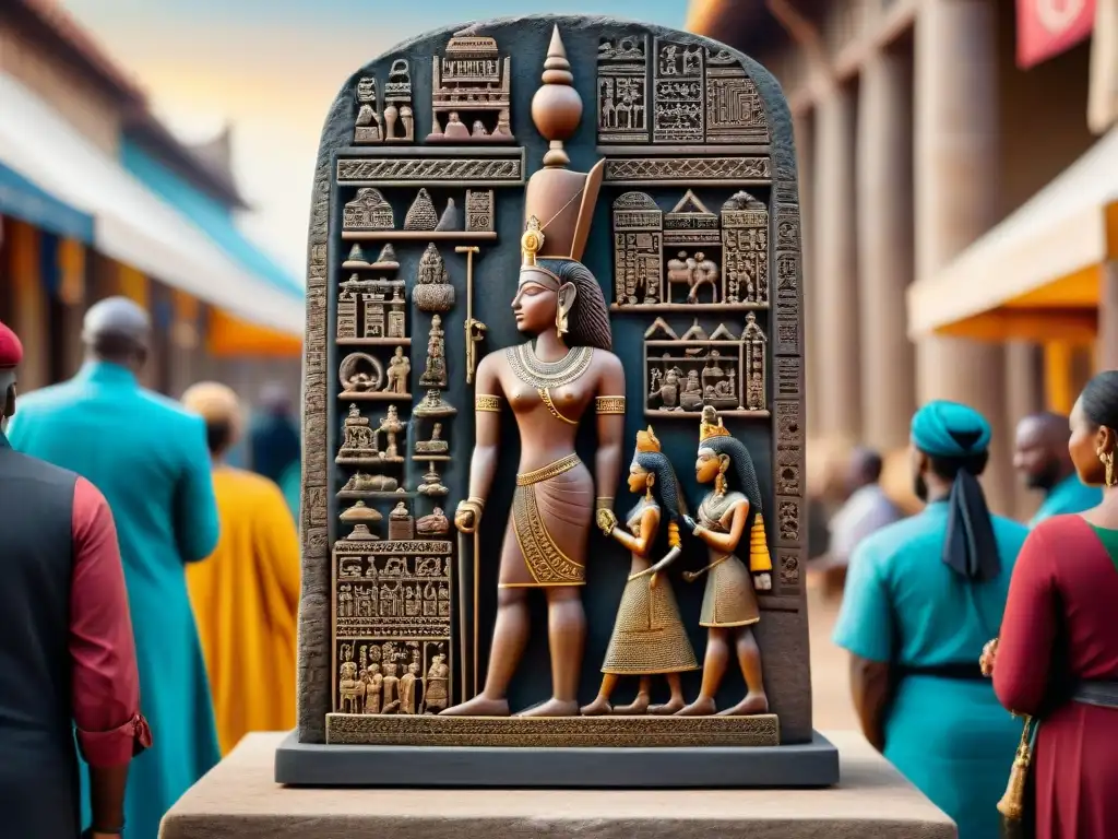 Estela de piedra del Reino de Aksum: comercio y gobierno en África Intrincada estela de piedra del Reino de Aksum, mostrando rutas comerciales y símbolos administrativos, escenas de mercado y arquitectura majestuosa