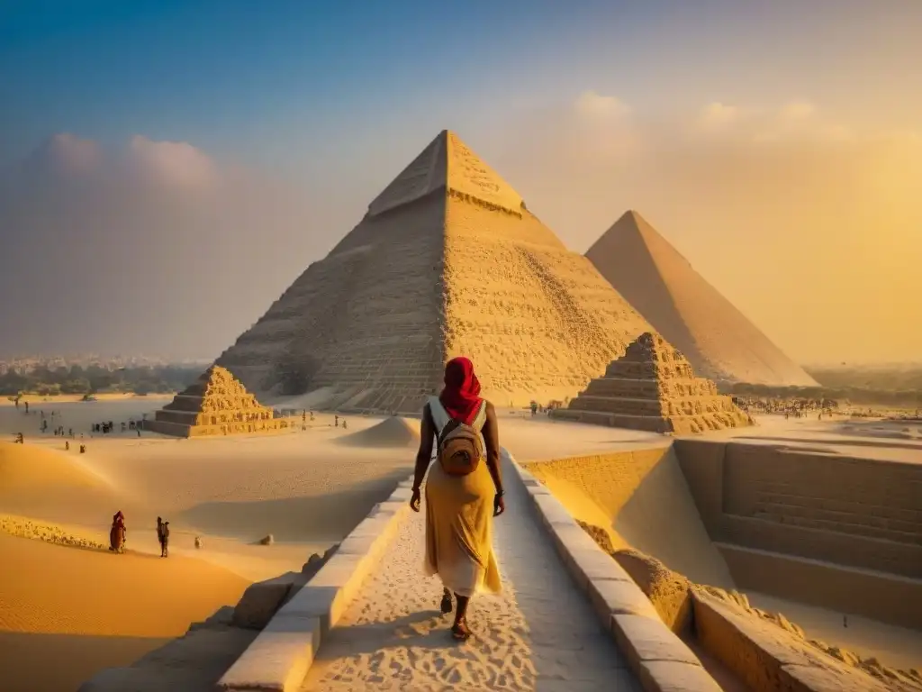 Misteriosas inscripciones en las Pirámides de Giza: detalle dorado Intrincadas decoraciones y jeroglíficos en las Pirámides de Giza, bañadas por la luz dorada