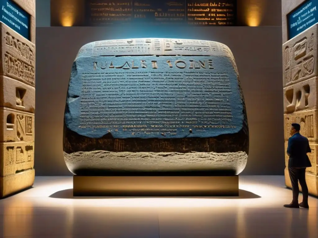 Intrincadas inscripciones multilingües en la Piedra de Rosetta en un museo iluminado, destacando la historia y la 'Diplomacia en el antiguo Egipto'