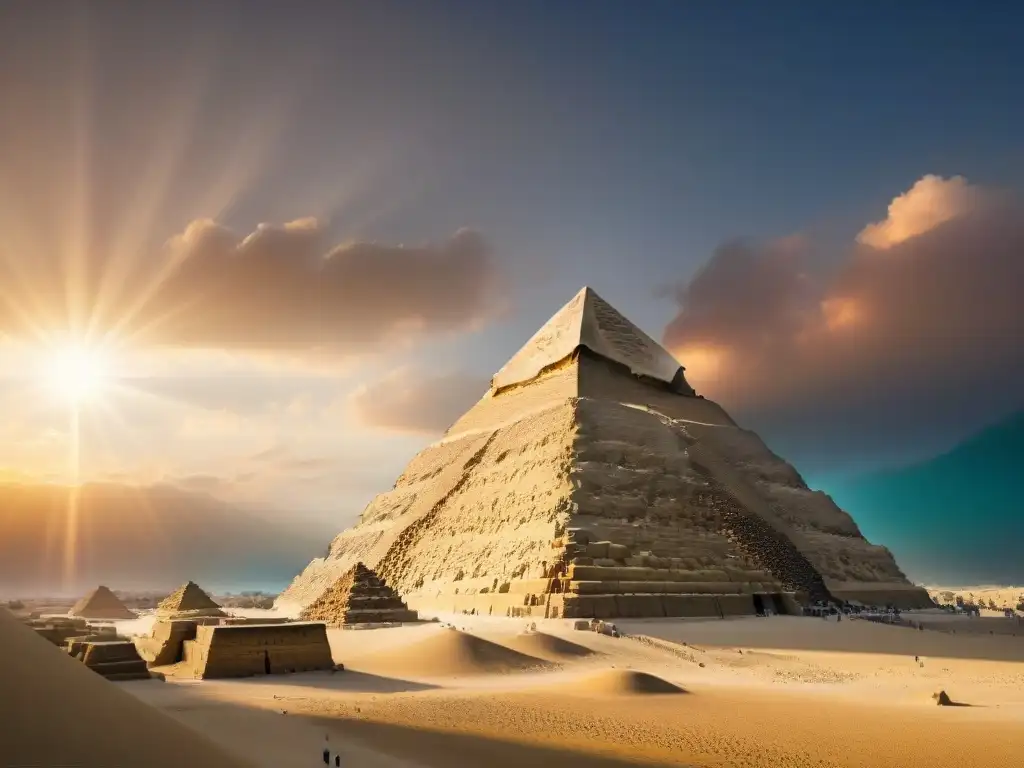 Misterios de la Gran Pirámide: Relieves egipcios iluminados Intrincadas jeroglíficos iluminados con luz solar en la Gran Pirámide de Giza, revelando la mística de la religión egipcia antigua misterios