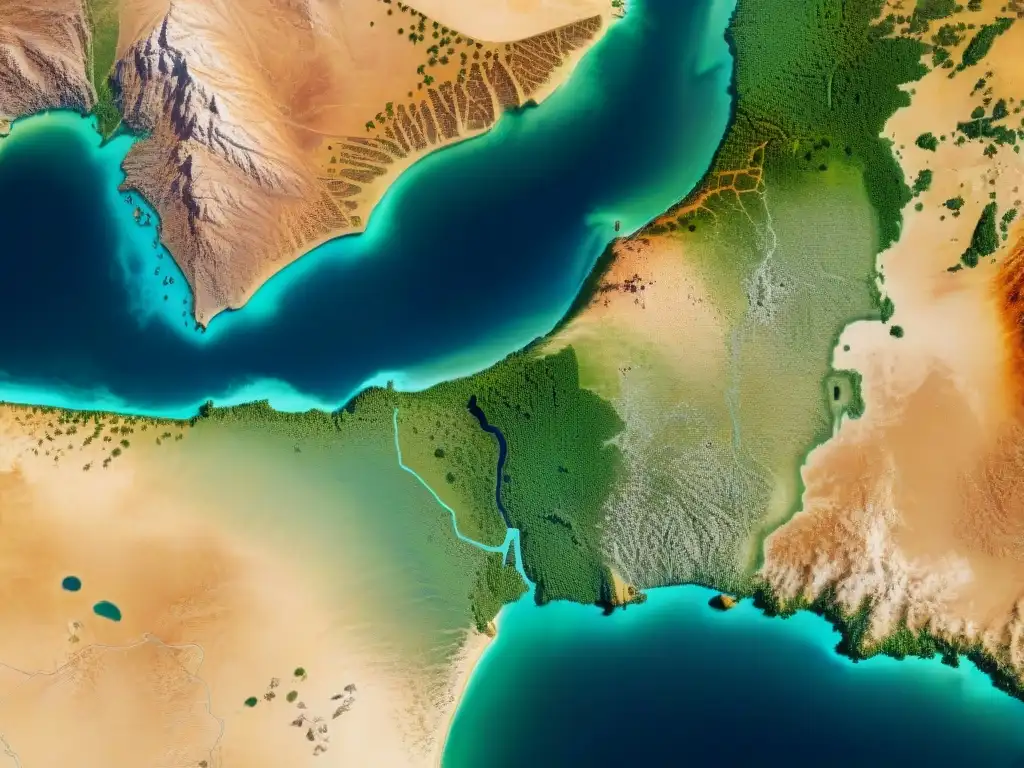 Intrincadas vías comerciales antiguas de África en mapas de pergamino y satélite, destacando una red interconectada de rutas en tonos vibrantes