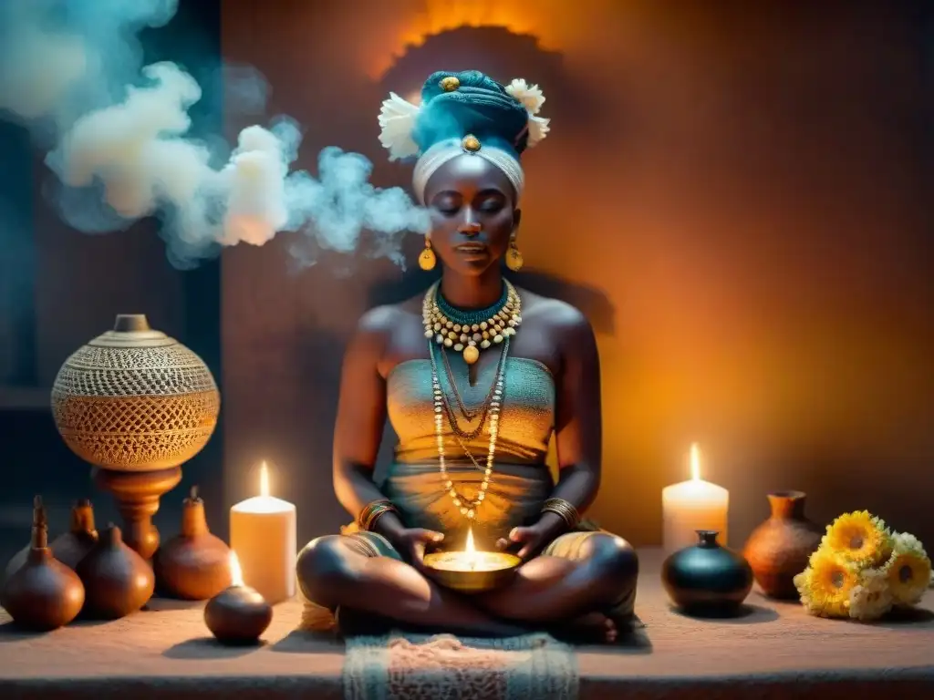 Intrincado altar africano iluminado por velas, con ofrendas de frutas y flores