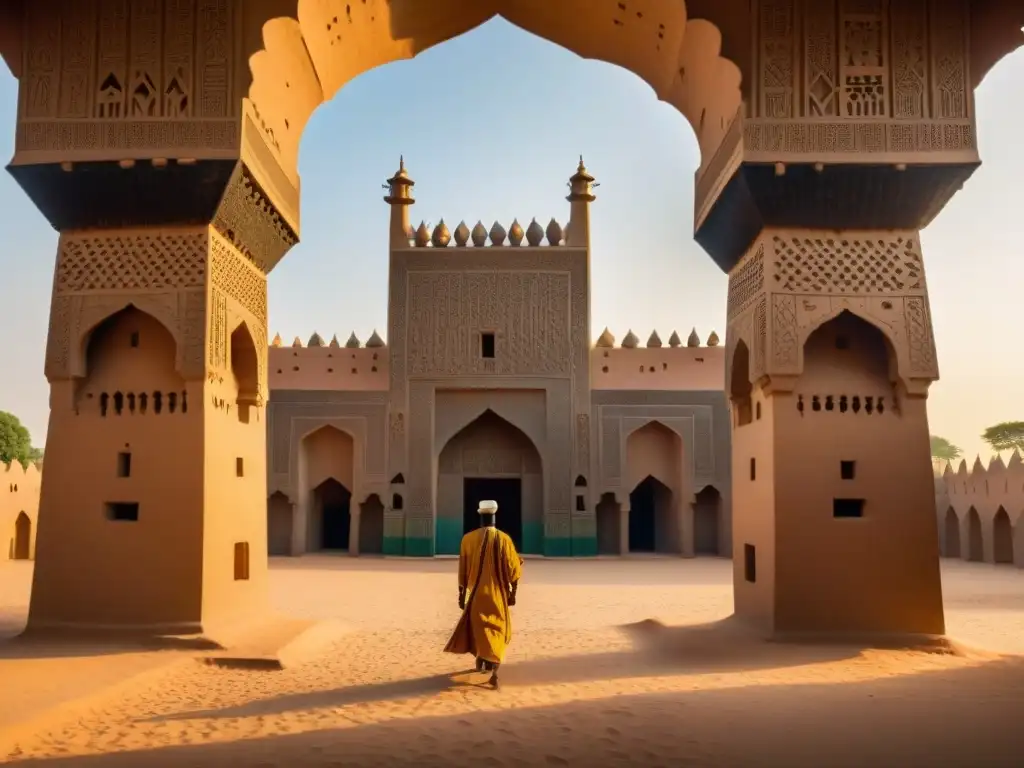 Intrincados diseños en la Gran Mezquita de Djenné en Mali, reflejando la influencia global de los Imperios del Sahel