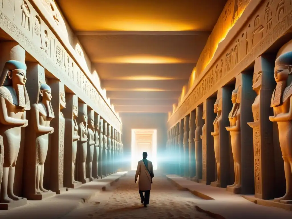 Templo de Seti I en Abydos: esplendor egipcio Intrincados jeroglíficos y grabados en el Templo de Seti I en Abydos, Egipto, iluminados por suave luz dorada