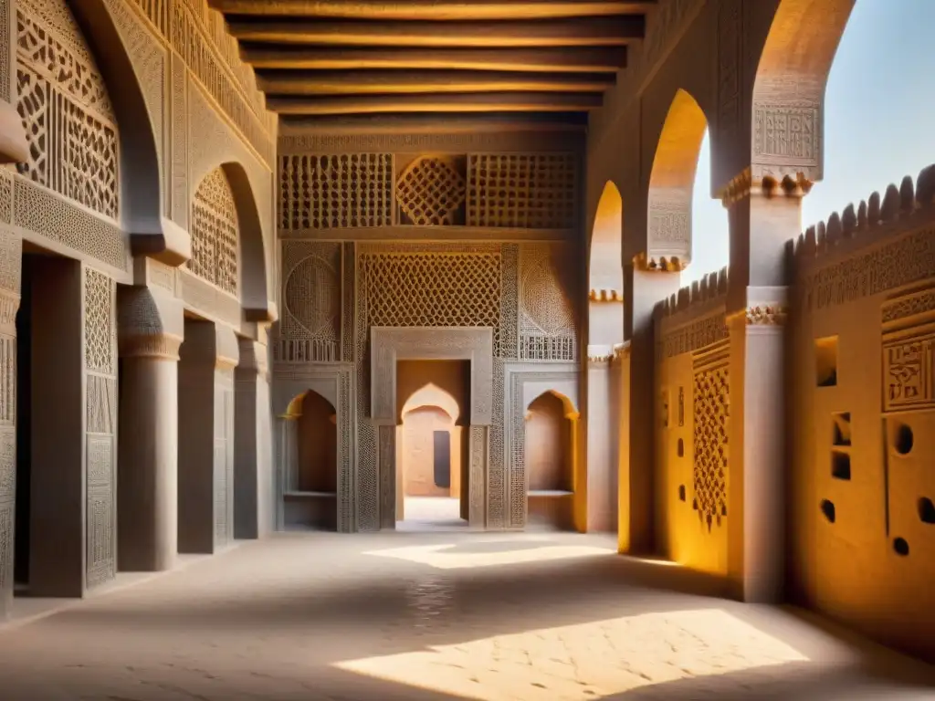 Intrincados patrones geométricos en la Gran Mezquita de Djenné en Mali, destacando la geometría sagrada de los pueblos africanos