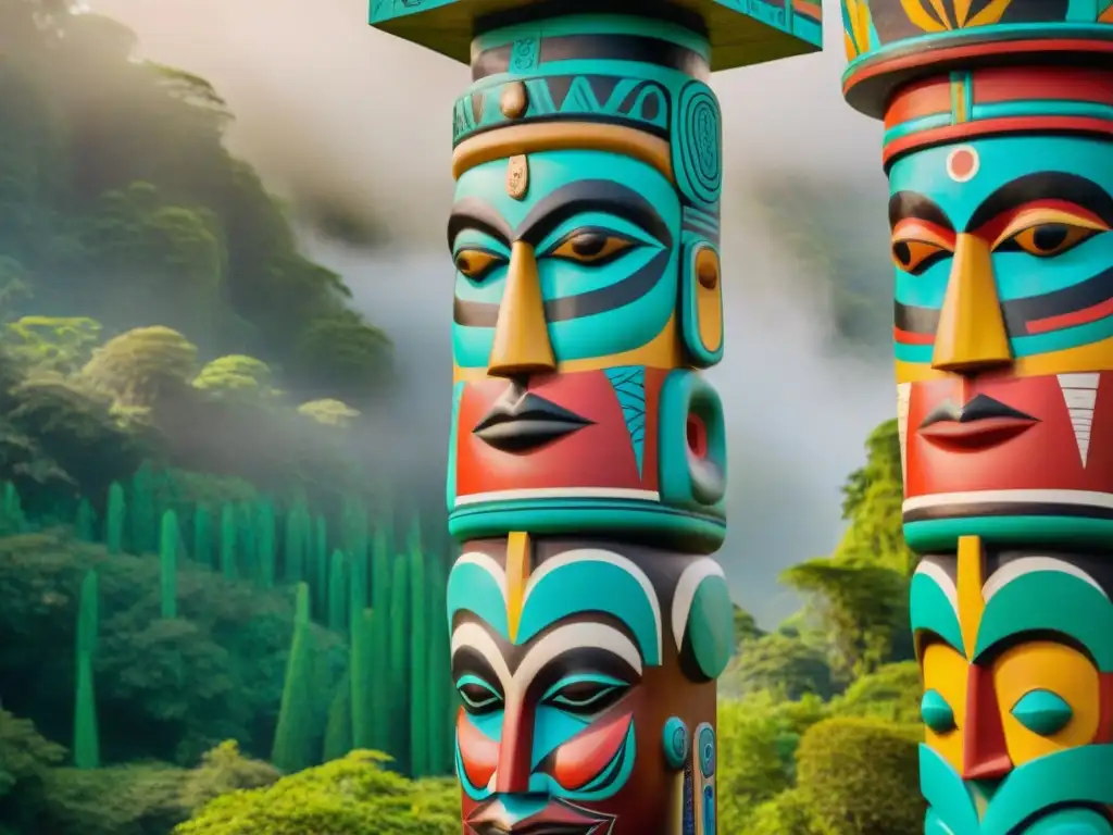 Totems ancestrales: arte y misticismo en la selva africana Intrincados totems Ashanti y Yoruba en bosque africano, bañados por el sol poniente