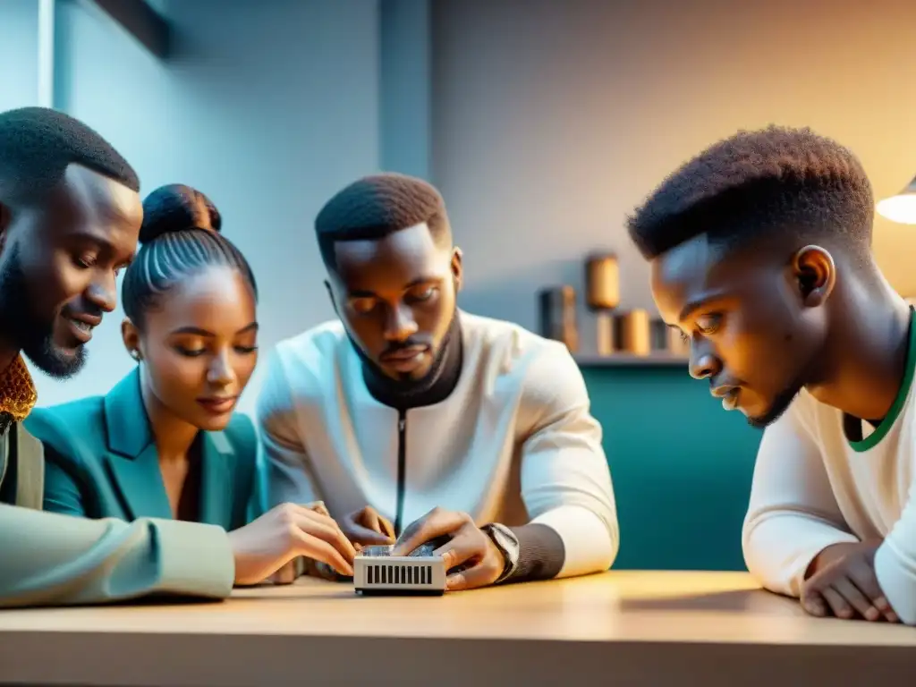 Inventores africanos en taller tecnológico, colaborando en prototipo innovador