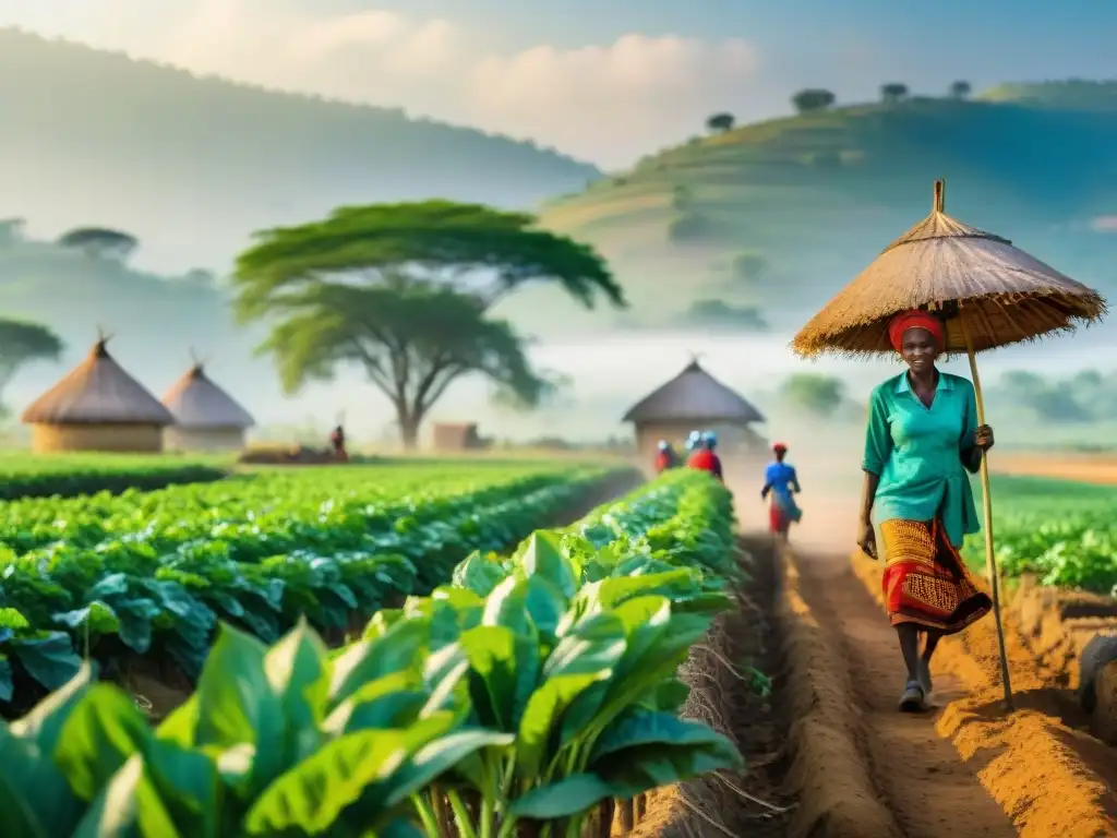 Inversiones sostenibles en agricultura en África: Agricultores trabajando juntos en un campo verde, usando prácticas sostenibles bajo el sol brillante