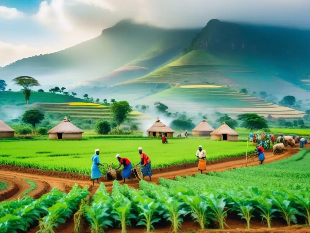 Inversiones sostenibles en agricultura en África: Granjeros africanos trabajan juntos en un campo verde bajo el sol brillante