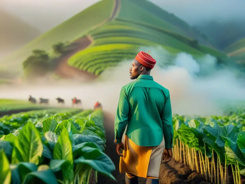 Inversiones sostenibles en la agricultura de África: granjeros trabajando juntos en un campo verde y frondoso bajo el sol brillante