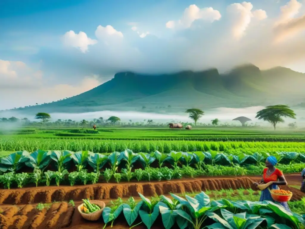 Inversiones sostenibles en agricultura en África: paisaje verde exuberante con agricultores locales cuidando sus cultivos bajo el sol brillante