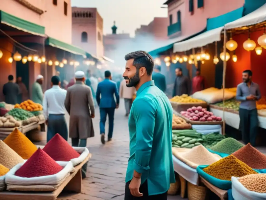 Inversiones turísticas en África: Mercado bullicioso en Marrakech con intercambio cultural y actividad económica vibrante