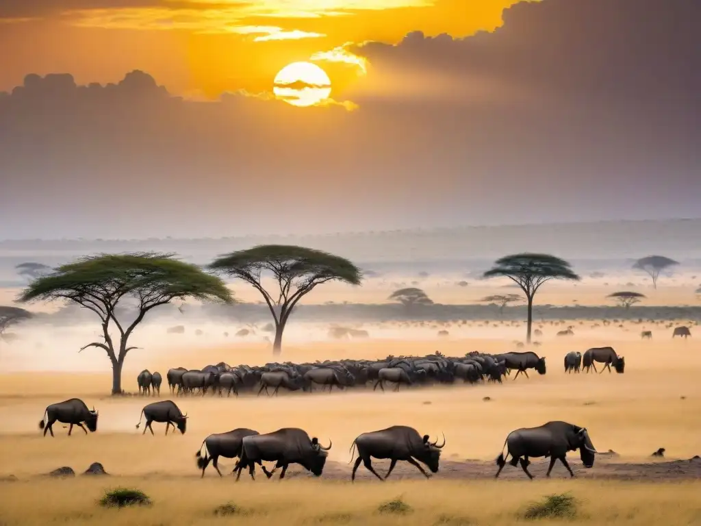 Inversiones turísticas en África: Manada de ñus en la sabana del Serengeti durante la gran migración, bajo un atardecer dorado