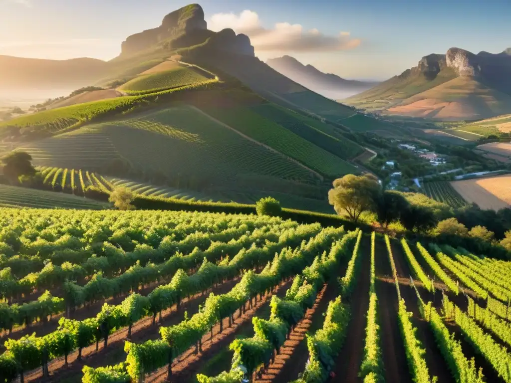 Inversiones en vino africano global: Puesta de sol dorada sobre viñedos de Stellenbosch, Sudáfrica, con agricultores cosechando uvas