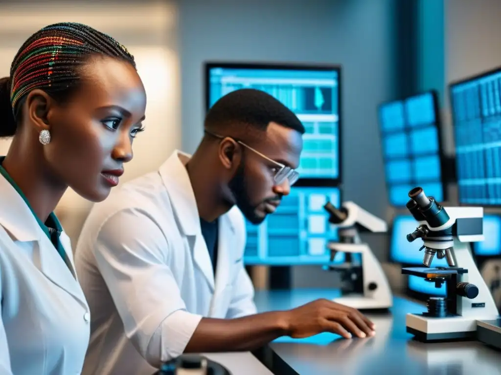 Investigadores africanos examinan ADN en laboratorio moderno, fusionando tecnología avanzada con arte tradicional